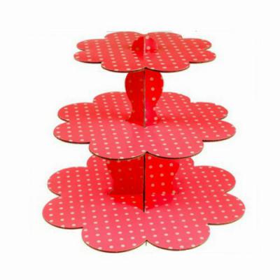 3 Katlı Kırmızı Puantiyeli Karton Cupcake-Kek Standı